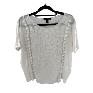 J Crew White Linen Blend Embroidered Tassel Tunic Top Size S